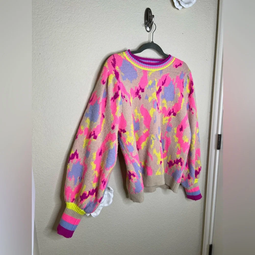 NTM Jodifl Abstract Print Sweater Neon Pink Taupe Balloon Sleeve Pullover Size L - Picture 8 of 16